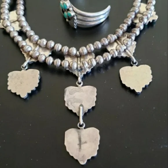 Vintage Turquoise Sterling Silver Pearls Necklace AND Cuff 123 grams Signed - Picture 5 of 11